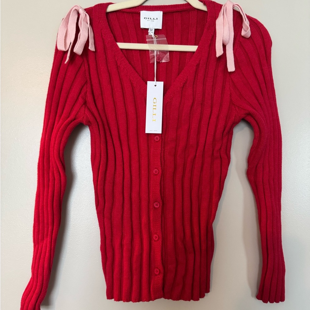 Gilli Red Cardigan with Pink Tie Accents